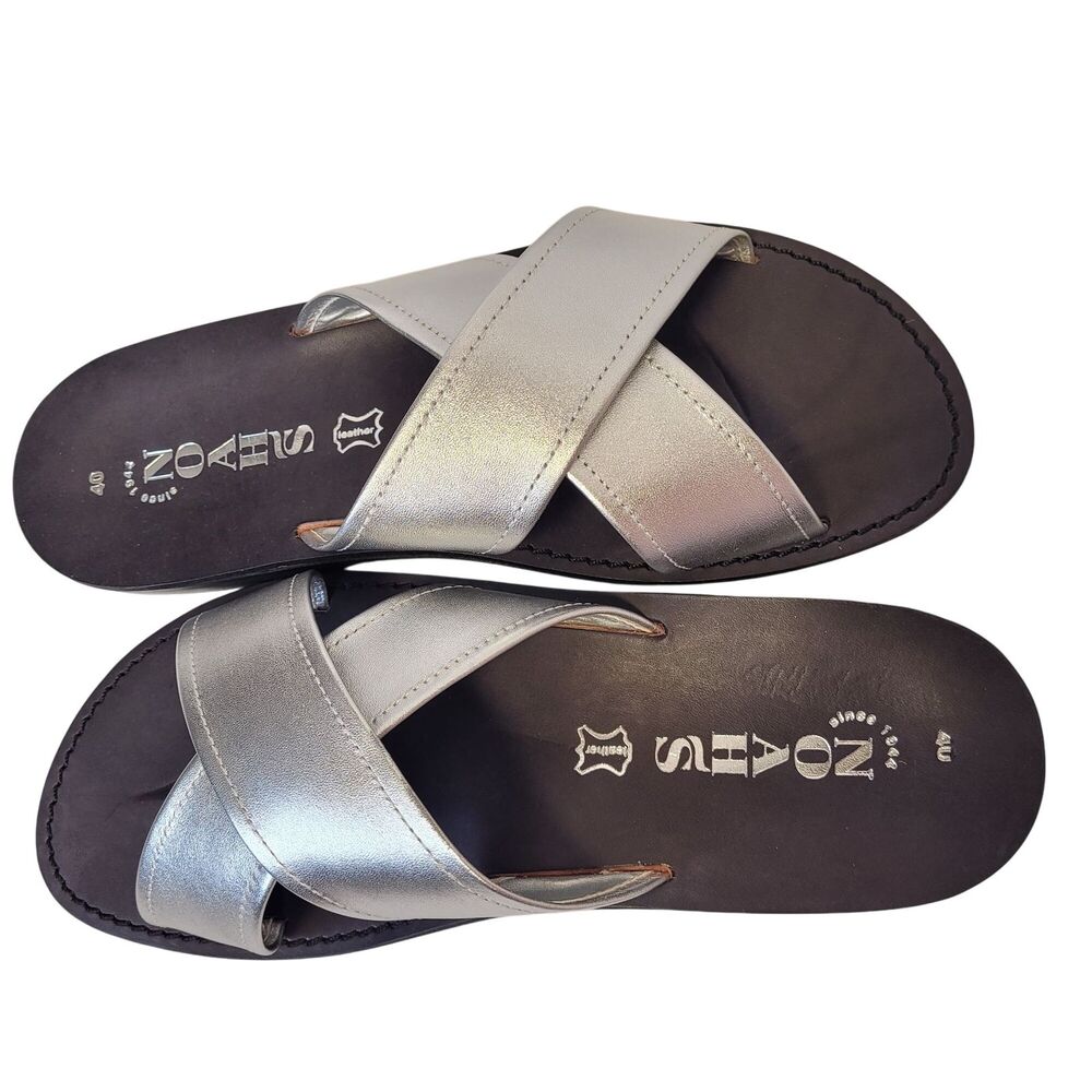 Women Casual Silver Leather Cross Strap Flats Slide Retro Sandals Size 9 - Picture 5 of 9